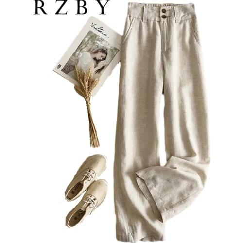 2021 Fashion Women Casual Long Straight Trousers Pockets Buttons Lady Pants Loose Pantalon High Waist Linen Harajuku RZBY408