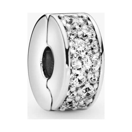 100% Real 925 Sterling Silver Clear Pavé Clip Charm Silicone Beads for Jewelry Making Fits Original Charms Bracelet bijoux