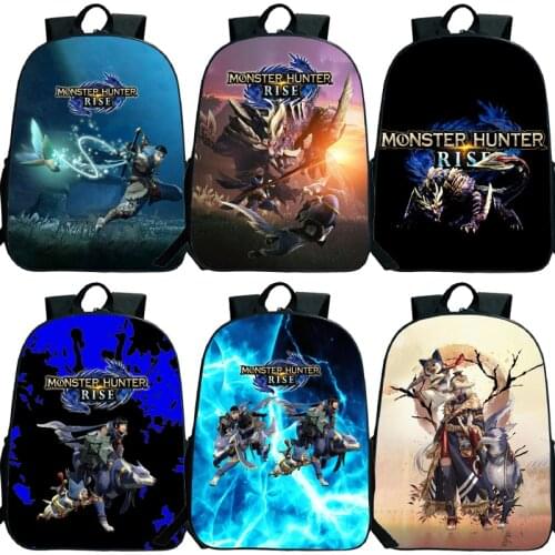 Boys Girls Kids Monster Hunter Rise Backpack Students Knapsack Children Cartoon Anime School Rucksack 16inch Teens Travel Bags