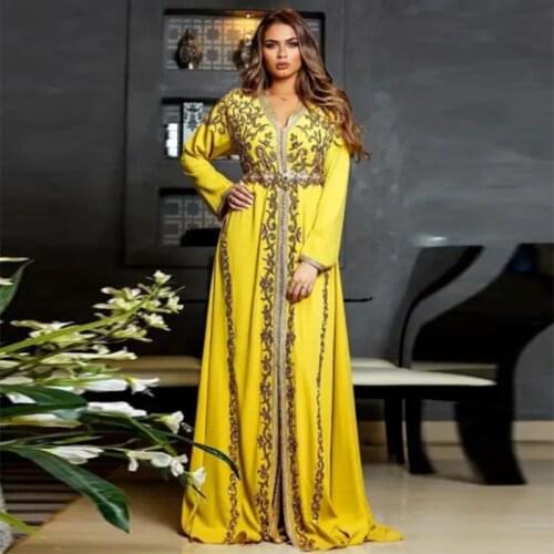 Elegant Yellow Chiffon A-line Moroccan Kaftan Dubai Arabia Evening Dress Long Sleeves Applique Muslim Prom Party Dresses Custom