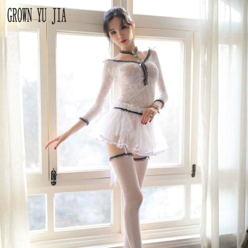 Erotic long-sleeved Maid Uniform temptation lace skirt porno stockings suits Tight dress Sexy lingerie cosplay sex play costume