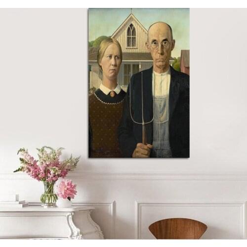 Grant Wood American Gothic Oil on Canvas Printing Canvas Painting Wall Pictures for Living Room Printing Mural Frameless Mirrors