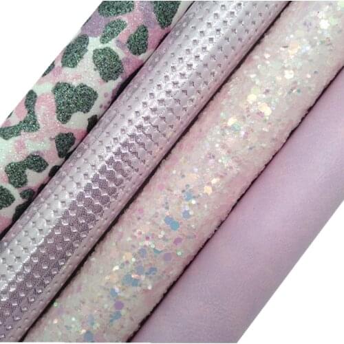Crystal Pink Glitter leather, Leopard Printed Fine Faux Glitter leather, Smooth Faux Leather Sheets For Bows DIY 21x29CM KM777