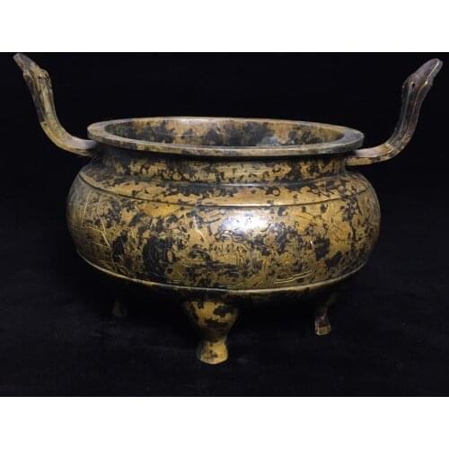 Collection Chinese old copper carving characters stories binaural four-legged incense burner (Kangxi years at the bottom)