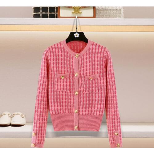 Korean Chic Sweet Pink Plaid Autumn Long Sleeve Sweater Cardigan Women 2021 New Fashion Short Sleeve Atutumn Knitwear Tops