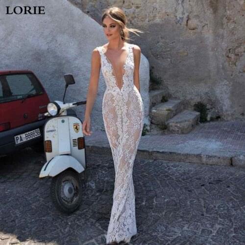 LORIE Lace Mermaid Wedding Dress 2019 Vestidos de novia Sexy Back Split Sexy V Neck Boho Bridal Dresses Wedding Gowns