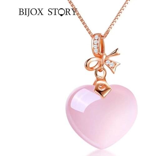 BIJOX STOR trendy 925 silver jewelry necklace with heart shape rose quartz pendant for women Wedding Promise banquet Party gift