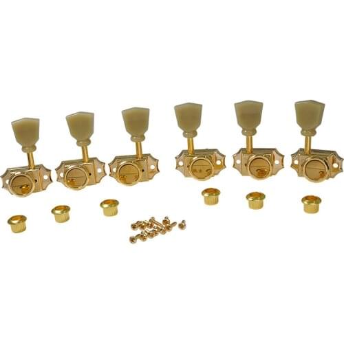 Musiclily Pro Vintage Hybrid 3L3R Guitar Locking Tuners Tuning Pegs Set for Electric Acoustic Guitar, Gold with Green Button