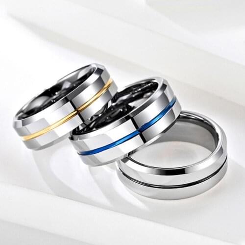 Mens Fashion 8MM Tungsten Steel Black/Gold/Blue Groove Ring Rainbow Rings Wedding Band Male Jewelry Gifts For Men