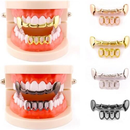 Hip-Hop Gold Teeth Grillz Set Hollow Braces Unisex Punk Vampire Halloween Teeth Caps Cosplay Party Rapper Jewelry Accessories
