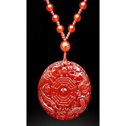 Natural Red Agate Hand-Carving Eight Diagrams With Dragon&Phoenix Lucky Jade Pendant Necklace Amulet*Free Gift Box