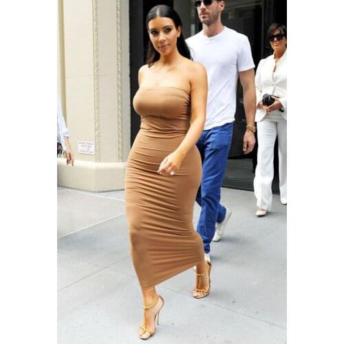 Summer New Sexy Street Commuter Womens Khaki-Coloured Breast-Wearing Long Dress