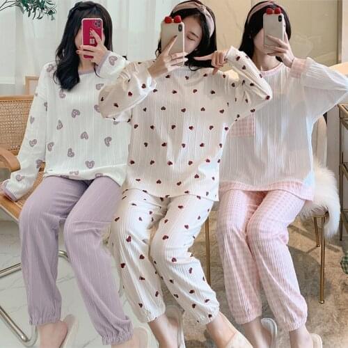 2021 Autumn Cotton Print Long Sleeve Pajama Sets for Women Korean Loose Sleepwear Suit Pyjama Homewear Pijama Mujer Home Clothes