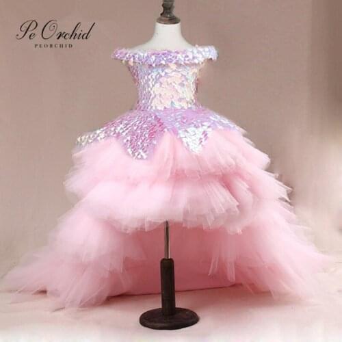 PEORCHID Pink Hig Low Flower Girl Dresses With Detachable Train Abendkleider Kinder Pageant Gowns Child Birthday Party Dress