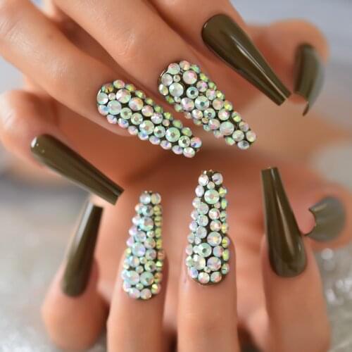 Pure Dark Green Color Designs Fake Diamond Press On Full Cover Nail Rhinestone Extra Long Coffin Manicure Art Ballerina Fingers