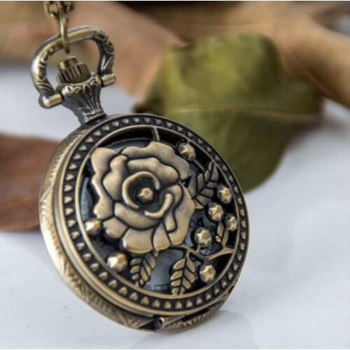 Roses Bronze antiques Fashion quartz pendant Hollow out clock Necklace pocket watches gift