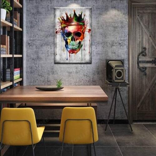 Modern Painting Art Abstract Skull with Crown Picture Poster Canvas Art Vintage Cool Artwork for Men Boys Bedroom Wall Decor Gal