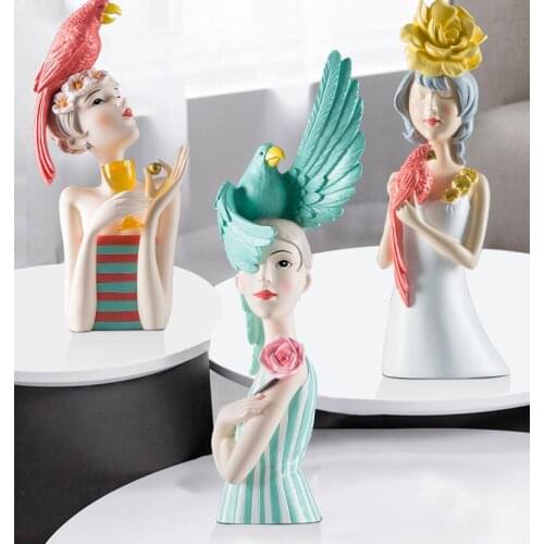 Modern Parrot Girl Character Resin Accessories Home Livingroom Desk Sculpture Crafts Coffee Table Desktop Figurines Decoartion