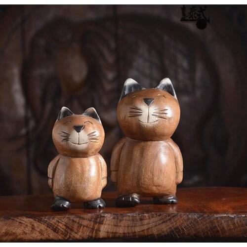Thailand Solid Wooden Carving Kitty Cat Animal Handicrafts Sculpture/Home Room Interior Showpiece Miniature Decor Accessories