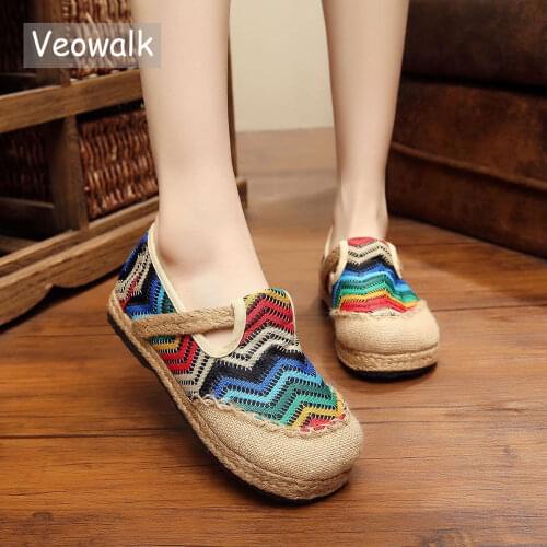Veowalk Handmade Hemp Rainbow Embroidery Womens Casual Linen Cotton Loafers Slip on Vintage Ladies Canvas Walking Flat Shoes