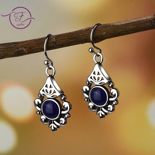 Vintage Created Sapphire Silver Earrings S925 Geometric Drop Earrings Jewelry For Women Party