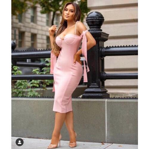 Hight Quality Autumn Style Women Sexy Spaghetti Straps Beading Should Mid Dandage Dress 2020 Celebrity Designer Party Dress Vest