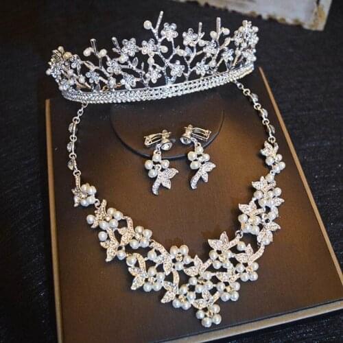 Luxurious Full Crystal Rhinestone Imitation Pearl Jewelry Set Crown Necklace Earrings Delicate Wedding Bride Accessories SJT0038