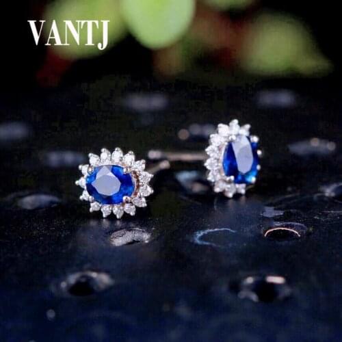 VANTJ Natural Sapphire Earrings Real 14K Rose Gold Fine Jewelry for Women Wedding Party Gift