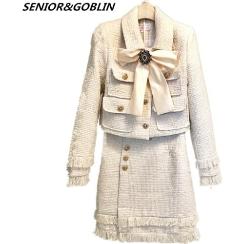 New 2019 Autumn Runway Tweed 2 Piece Set Skirt Women Winter Black Bow Jacket Coat+High Waist Mini Tassel Pencil Wool Blend Suits