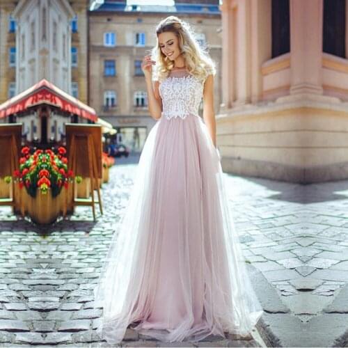 Classic A Line Sexy Pink Wedding Dresses 2020 O Neck Summer Beach Wedding Gowns Lace Appliqued Boho Bride Dress Vestidos
