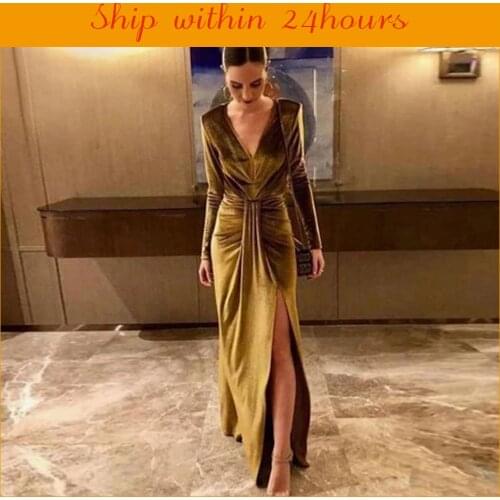 Yeinchy women sexy DEEP v neck long sleeve folds maxi split party velvet dress FM6302
