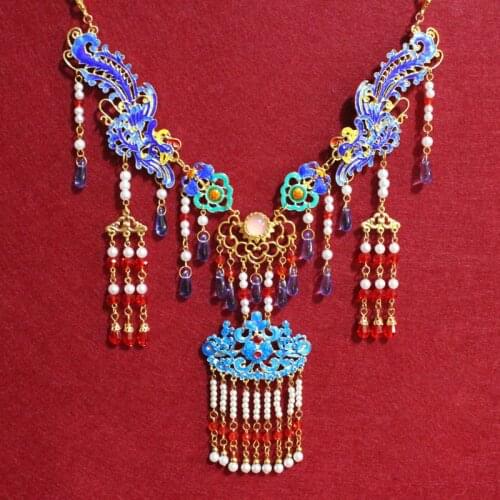 6 Designs Vintage Hanfu Xiuhefu Accessory Chinese Bride Necklace Soft Yingluo Tassel Necklace Blue Cloisonne TV Play Cosplay