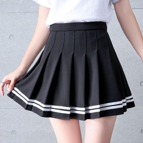 Zoki Fashion Striped Women Pleated Skirt High Waist Zipper Summer JK Girls Dancing Mini Skirt Korean Sweet Summer Black Skirts