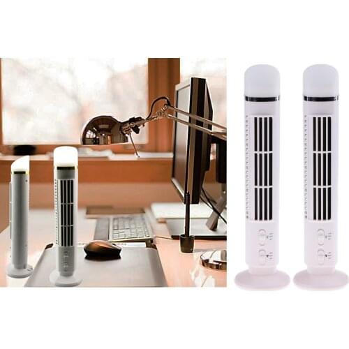 2x White USB Mini Tower Desk Fan with Led Light Cooling for Home Office