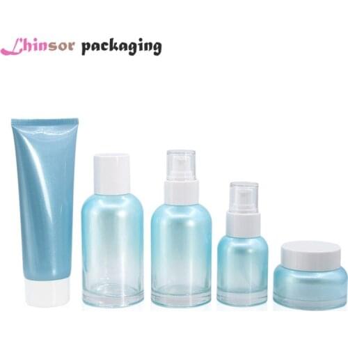 5pcs/Lot Blue Transparent Gradient Glass Empty Press Pump Spray Lotion Bottles Cream Jars Tube Cosmetic Packaging Containers