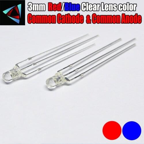 50pcs 3mm LED Diode Dual Color Red And Blue Clear Lens Common Cathode & Common Anode Round Bi-Color DIY Light Emitting Lamp