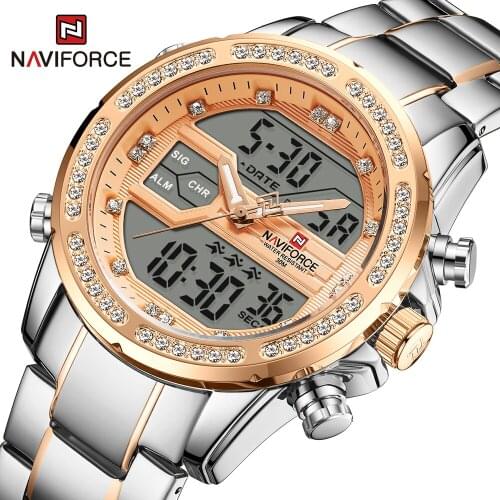 NAVIFORCE Fashion Casual Quartz Wristwatch For Men Fashion Dual Display Digital LED Clock Stainless Steel Waterproof Chronograph