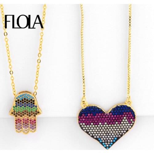 FLOLA Boho Gold Hamsa Necklace Long Heart Necklace Pendant For Women Fashion Jewelry Collares Largos Charm Necklace nkep18