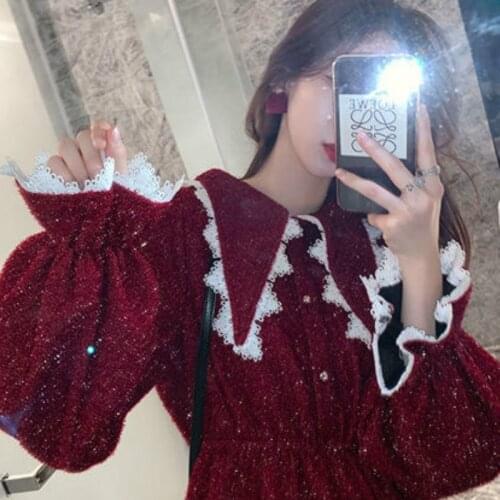 JuneLove Long Sleeve Dress Women Lace Peter Pan Collar High Waist Korean Style Party Dresses Womens Elegant Simple Office A-Line