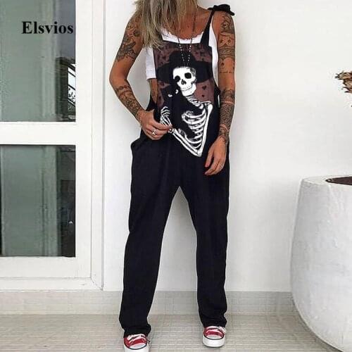 2021 Spring Casual Pocket Punk Bodysuit Overalls Summer Sleeveless Strappy Romper Women Cat Skull Print Loose Jumpsuit Playsuit