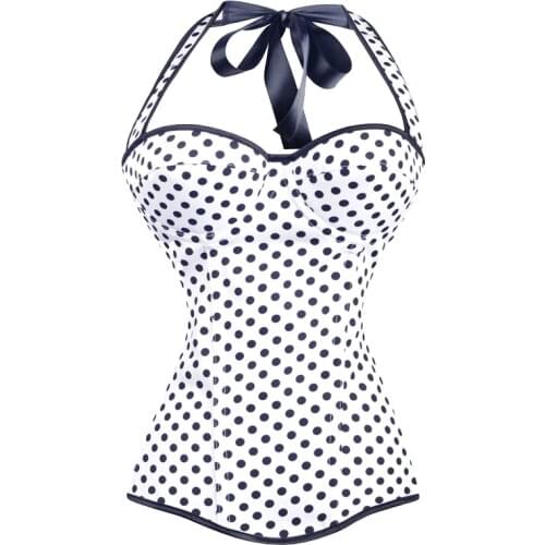Women Bustier White Polka Dot Corset Lace Up Gothic Top Halter Corset Waist Trainer Bustier Lingerie Halloween