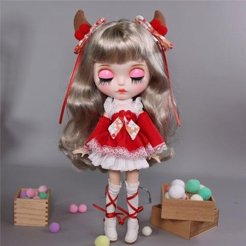 ICY DBS Blyth doll matte face joint body handpainted makeup New Year suit Christmas clothes red dress 1/6 anime toy girls gift