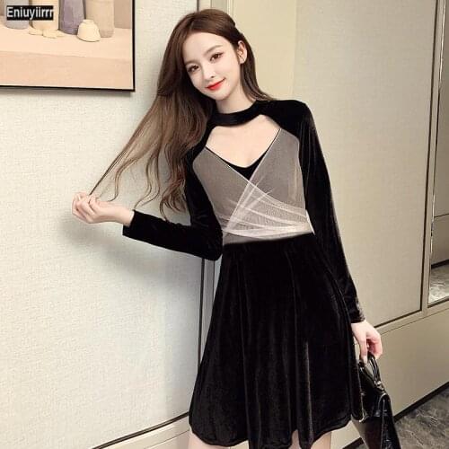 Little Black Layered Mesh Party Mini Dress Women Winter Spring Stand Collar Shift Ladies Elegant Dresses