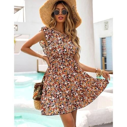 GypsyLady Floral Printed Mini Dress Summer Chic Holiday Dress Women Flare Sleeve Hollow Out Sexy Ruffles Beach Ladies Dresses