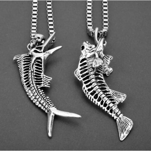 MQCHUN Fashion Fish Bone Fish Skeleton Dolphins Bone Skull Stainless Steel Pendant Chain Necklace for Unisex Jewellery-30