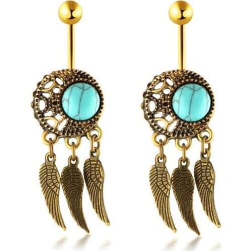 2019 Fashion Surgical Steel Leaves Dangle Navel Rings Natural stone Belly Button Ring Gold Navel Piercing Women Body Jewelry