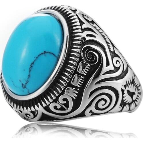 Fashionable retro blue natural stone bicycle inlay ring Prong set natural stone hand inlay finger ring for daily wear