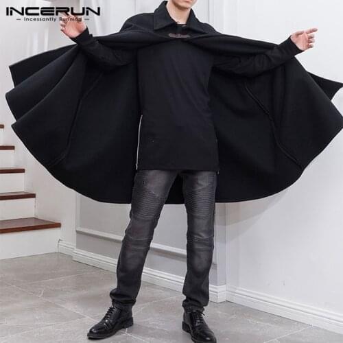 2021 Men Lapel Cloak Coats Winter Faux Blends Overcoats INCERUN Fashion Solid Color Cape Trench Men Long Style Jackets Plus Size