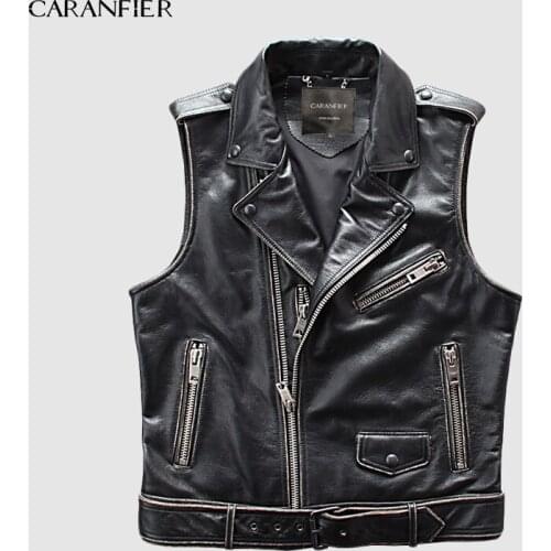 CARANFIER Mens 100% Cowhide Vests Brand Angel Motorcycle Biker Sleeveless Jacket Male Genuine Leather Vests DHL Free Shipping