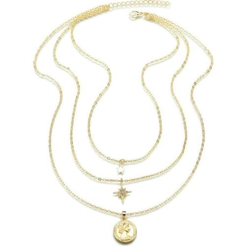 2020 New Vintage Boho Multilayered Star Portrait Coin Pendant Necklace Three-layer Necklace Fashion